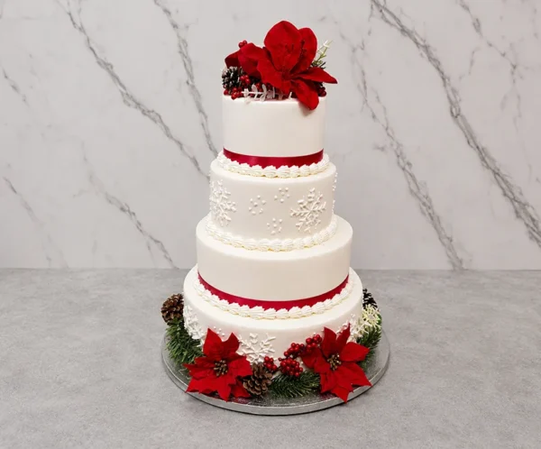 Bodas4 Pastel de bodas de temática invernal o navideña de cuatro pisos con cobertura blanca lisa. Los pisos están acentuados con listones de color rojo intenso y bordes de glaseado en forma de concha, además de copos de nieve blancos delineados en los niveles centrales. La corona y la base lucen vistosos adornos de flores de Nochebuena rojas, piñas y ramitas de pino.
