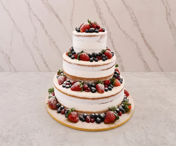 Bodas5 Pastel de bodas de tres pisos con un diseño rústico estilo "semi-desnudo" (semi-naked), que deja entrever el bizcocho a través de una fina capa de glaseado blanco. Está abundantemente adornado con frutos rojos frescos, incluyendo fresas, arándanos y frambuesas, todo cubierto con un espolvoreado de azúcar glass.