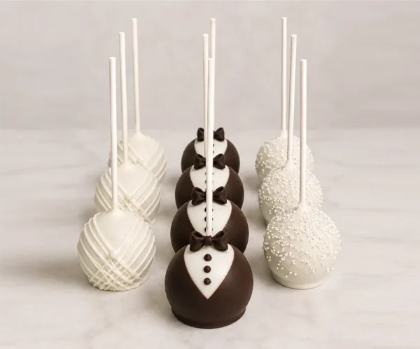 Elegantes cake pops con temática formal o de boda organizadas en tres filas. La primera fila está cubierta de chocolate blanco con un diseño de líneas diagonales texturizadas. La fila central presenta un diseño de esmoquin con chocolate oscuro, pechera blanca, botones y un pequeño moño. La tercera fila está completamente cubierta de chocolate blanco y adornada con diminutas chispas redondas.