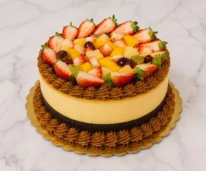 Exquisito pastel redondo tipo "chocoflan" o pastel imposible, que combina una base de pan de chocolate oscuro con una gruesa capa central de flan cremoso. Está bellamente rematado con bordes de rosetones de dulce de leche y una corona de frutas frescas mixtas como fresas, mango y uvas. Castillo's Cake Shop.