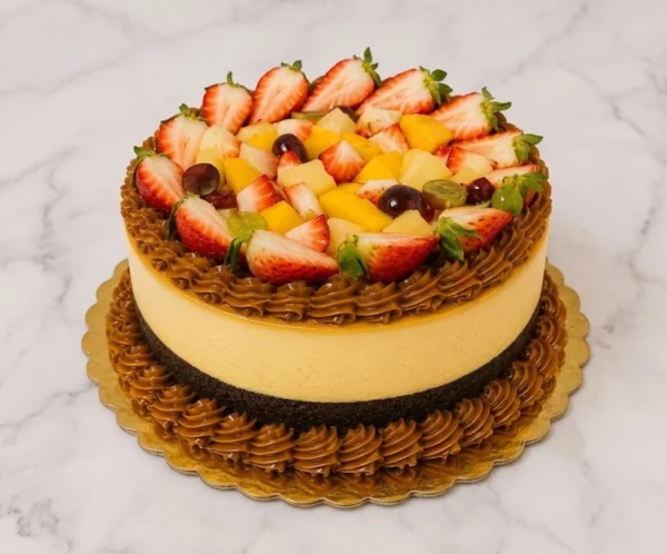 Exquisito pastel redondo tipo "chocoflan" o pastel imposible, que combina una base de pan de chocolate oscuro con una gruesa capa central de flan cremoso. Está bellamente rematado con bordes de rosetones de dulce de leche y una corona de frutas frescas mixtas como fresas, mango y uvas. Castillo's Cake Shop.