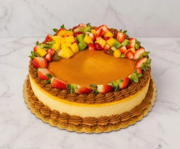 Delicioso cheesecake redondo con una cubierta lisa de dulce de leche o caramelo. Sus bordes superior e inferior están decorados con rosetones de dulce de leche, y luce un colorido arreglo en forma de media luna con frutas frescas picadas (fresas, mango, kiwi y uvas). Castillo's Cake Shop.