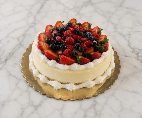 Cheesecake clásico redondo sobre una base de galleta, adornado con elegantes bordes acanalados de crema batida en la parte superior y en la base. El centro está coronado con una abundante y brillante mezcla de frutos rojos frescos, que incluye fresas, frambuesas y arándanos. Castillo's Cake Shop.