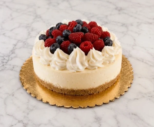 Clásico cheesecake redondo con una base de galleta crujiente, decorado elegantemente con un anillo de rosetones de crema batida blanca y un centro rebosante de frutos rojos frescos, incluyendo frambuesas y arándanos. Castillo's Cake Shop.