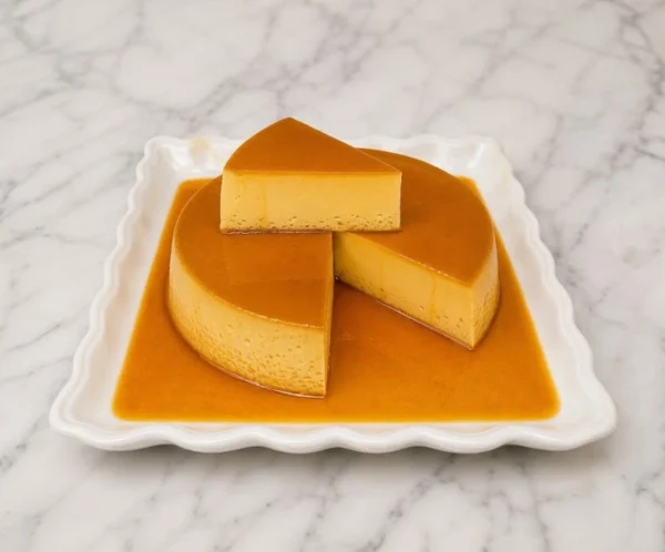 Tradicional flan napolitano redondo, liso y cremoso, bañado en un rico jarabe de caramelo. Se presenta en un plato blanco de bordes ondulados con una rebanada cortada y delicadamente superpuesta para mostrar su textura perfecta. Castillo's Cake Shop.
