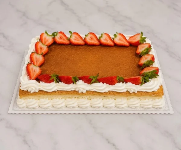 Atractivo pastel rectangular tipo plancha con una superficie cubierta de una suave capa de cajeta o dulce de leche. Está enmarcado por tupidos bordes de crema batida blanca y decorado con mitades de fresas frescas alrededor de todo el perímetro. Castillo's Cake Shop.
