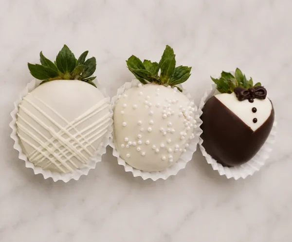 Tres jugosas fresas cubiertas de chocolate decoradas con temática de boda, presentadas individualmente en capacillos de papel blanco. La primera fresa tiene cobertura blanca con un elegante diseño de líneas cruzadas. La del centro es de color blanco espolvoreada con chispas de perlitas. La tercera fresa luce un detallado diseño de esmoquin en chocolate oscuro y blanco, completado con botones y un moño de chocolate.