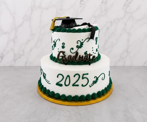Pastel de graduación de dos pisos con cobertura blanca lisa. Está finamente decorado con bordes de glaseado verde oscuro, detalles de filigranas verdes y el año "2025" escrito en el nivel inferior. En la parte central lleva un adorno que dice "Graduate", y en la cima luce un birrete negro con borla dorada junto a un diploma enrollado con listón negro. Castillo's Cake Shop.