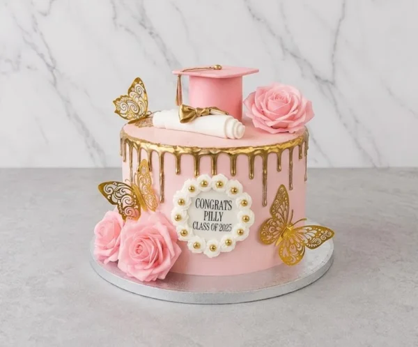 Llamativo pastel redondo de un piso con cobertura rosa pastel y un escurrimiento (drip) dorado metálico en el borde superior. Está adornado con rosas rosadas, mariposas doradas 3D, un birrete rosa a juego con un diploma en la corona, y una placa central blanca con perlas doradas que dice "CONGRATS PILLY CLASS OF 2025". Castillo's Cake Shop.