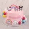 Hermoso pastel de un piso en color rosa pastel con temática de Sanrio. En el frente lleva el nombre "Genesis" en relieve rosa, acompañado de tiernos arcoíris en tonos pastel, nubes, pequeñas flores blancas y racimos de coloridas esferas. Está decorado con adorables recortes de los personajes Hello Kitty, My Melody, Kuromi y Cinnamoroll. Castillo's Cake Shop.