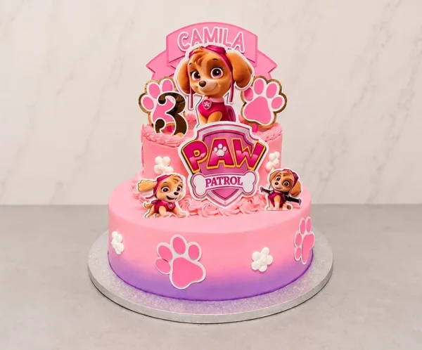 Pastel de dos pisos con temática de Skye de Paw Patrol. La cubierta tiene un degradado que va de rosa a morado en la base. El piso inferior está decorado con huellitas rosas y flores blancas. El piso superior y la parte superior lucen figuras de Skye, el logo de Paw Patrol, el número "3" texturizado, bordes de rosetones rosas y un letrero superior con el nombre "CAMILA". Castillo's Cake Shop.
