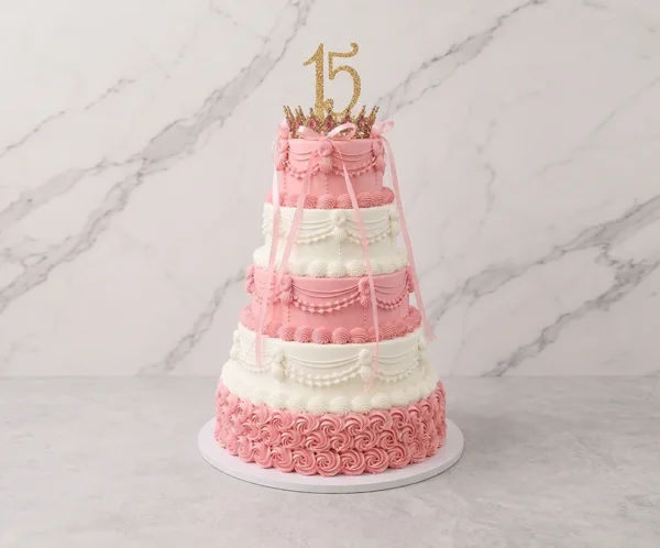 PastelXV_6 Elegante pastel de XV años de cinco pisos que alterna entre tonos rosa y blanco. El piso base está cubierto de rosetones rosas, mientras que los pisos superiores lucen intrincados drapeados y detalles de glaseado estilo clásico (Lambeth). Coronado con una tiara dorada, lazos de cinta rosa cayendo y un letrero de "15" dorado con brillos.