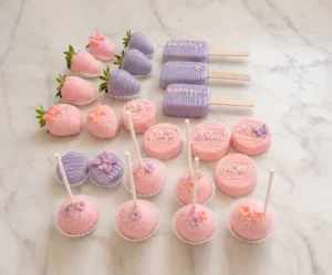 Un hermoso surtido de postres para mesa dulce en delicados tonos pastel rosa y lila. El conjunto incluye fresas cubiertas de chocolate, galletas cubiertas (tipo Oreo) y paletas tipo Magnum (cakesicles), todas decoradas con líneas finas, chispas de colores y aplicaciones de mariposas. En la parte frontal destacan varias cake pops rosas adornadas con perlitas blancas y pequeñas flores de fondant