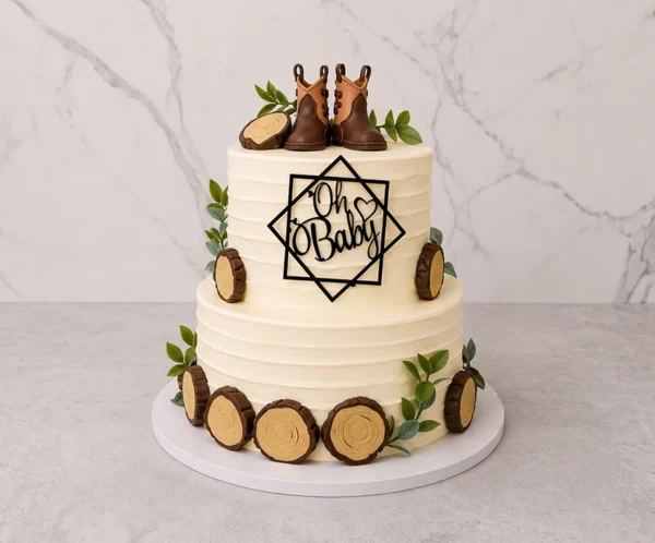 Pastel de dos pisos con textura de sutiles líneas horizontales y temática rústica. Está bellamente adornado en su perímetro con rebanadas de tronco de madera hechas de fondant y hojas verdes. En la cima lucen unas pequeñas botas vaqueras de fondant junto a un letrero geométrico negro que dice "Oh Baby". Castillo's Cake Shop.